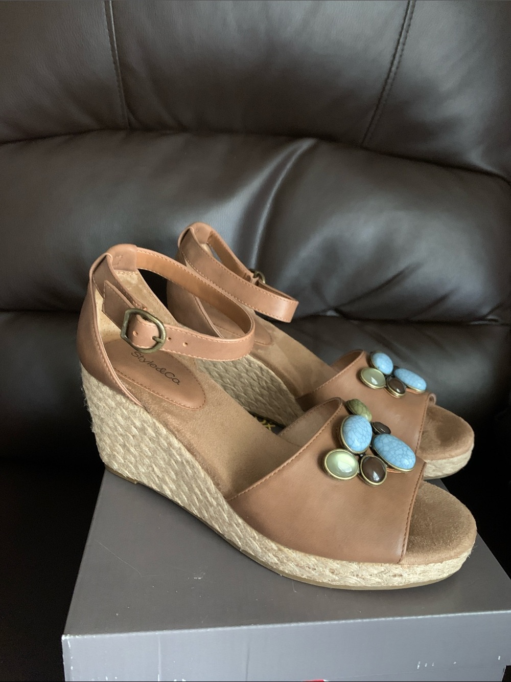 Style & Co. Tan Ankle-Strap Sandals with Blue & Green Gem Accents